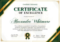 Green Gold Certificate of Excellence Template | Academic Award Certificate | University Diploma Des A2