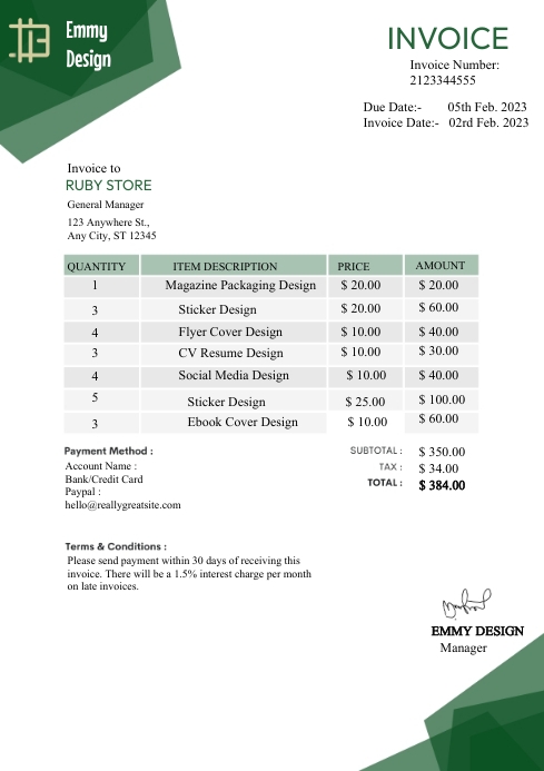 Resort Invoice One Color Green Hotel Business Invoice (1) Template | PosterMyWall