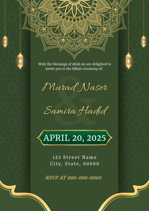 Green Illustrative Muslim Wedding Invitation A5 template