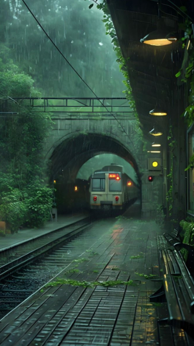 Green Illustrative Rainy Train Station Digital Display. Rainy Train ...