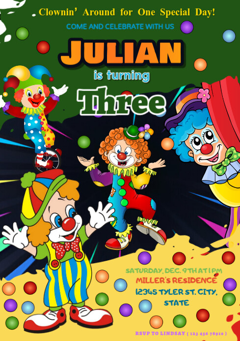 Green Joyful Clown Birthday Invitation A4 Templat | PosterMyWall