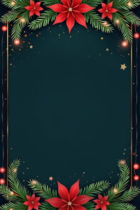 Green Joyful Dark Green Christmas Background With Red Poinsettias And Lights Poster Plakat template