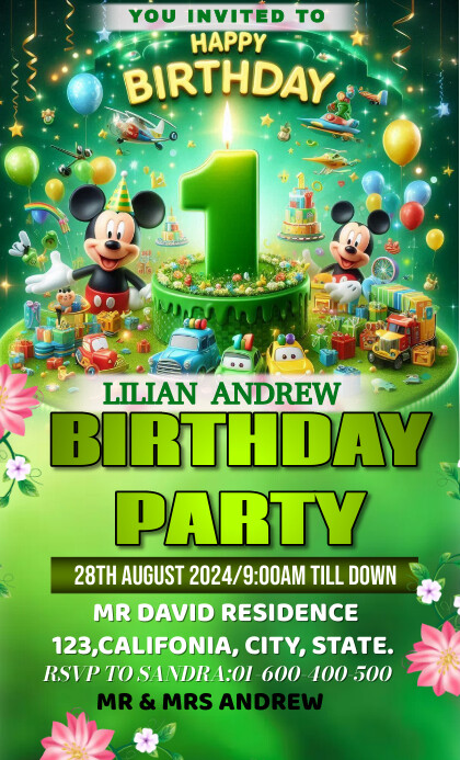 Green Joyful One Year Old Birthday Invitation VSA Wetlik template