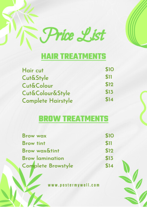 Green List based Price List Hair Brow Treatments A4 Template Green List based Price List Hair Brow Treatments A4 Template
