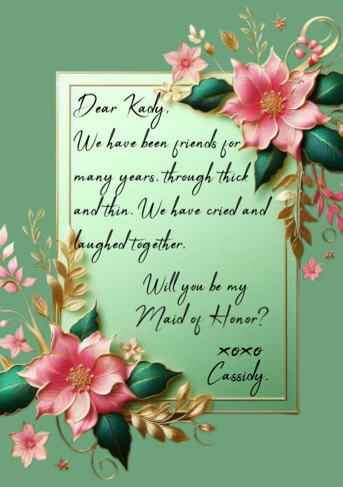 Green Maid of Honor Proposal Card/Invitation Poster A4 template