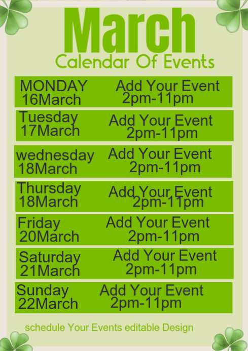 Green March Events Calendar A4 Template | PosterMyWall