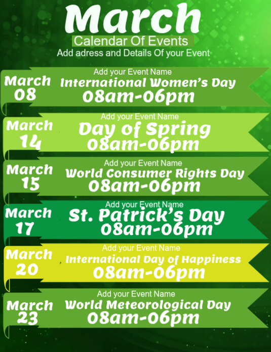 Green March Events Calendar Design Template Flyer (us Letter ...