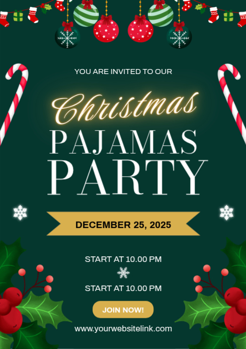 Green Maximalist Christmas Pyjamas Party Invite A4 Template | PosterMyWall