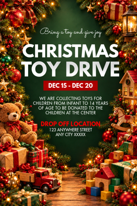 Posre Example Green Maximalist Christmas Toy Drive Poster Template | PosterMyWall