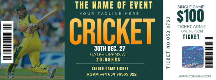 Green Maximalist Cricket Ticket Design Facebook Cover Photo template