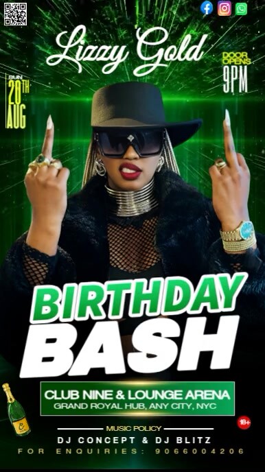 Green maximalist elegant birthday bash template digital display 9:16
