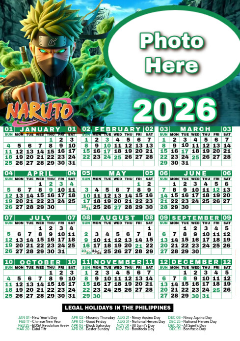 Green Maximalist Naruto Calendar Theme A4 template