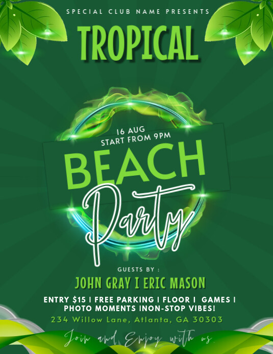 Green Maximalist Tropical Beach Party Invitation Flyer (us Letter) Pamflet (VSA Brief) template