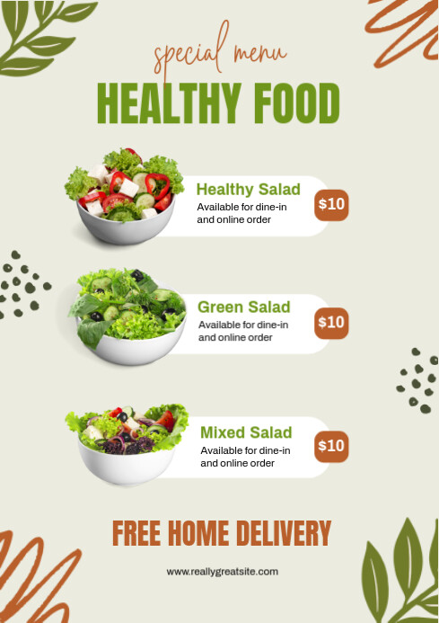 Green minimalist healthy food menu A4 flyer template