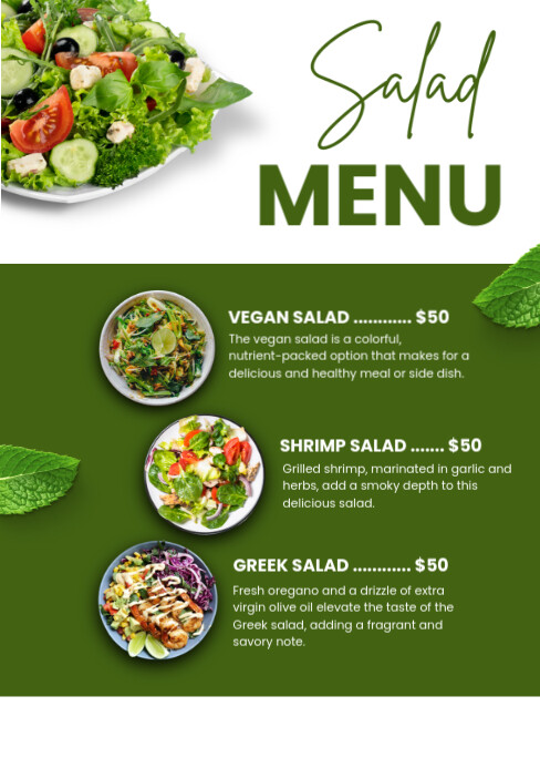green minimalist salad menu a5 template