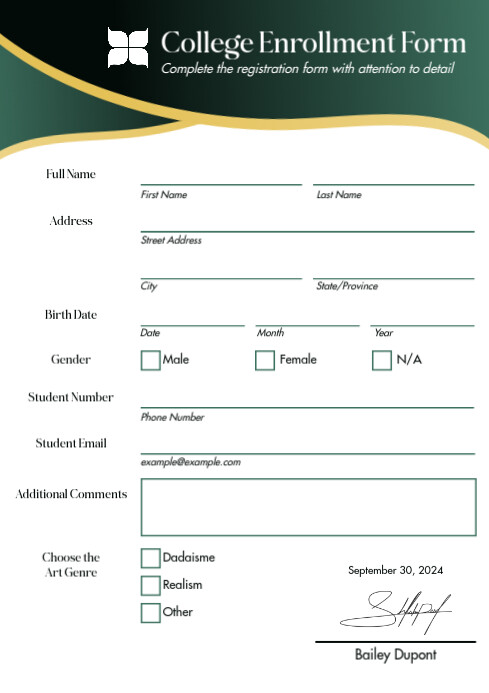 Green Modern & Minimal Students Registration  A4 template