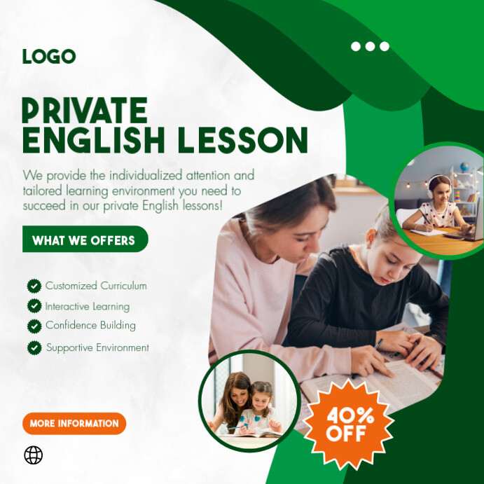Green Modern Private English Lesson Instagram Post Template | PosterMyWall