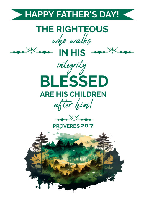 Green Father’s Day religious quote design with scripture-style typography and mountain illustration