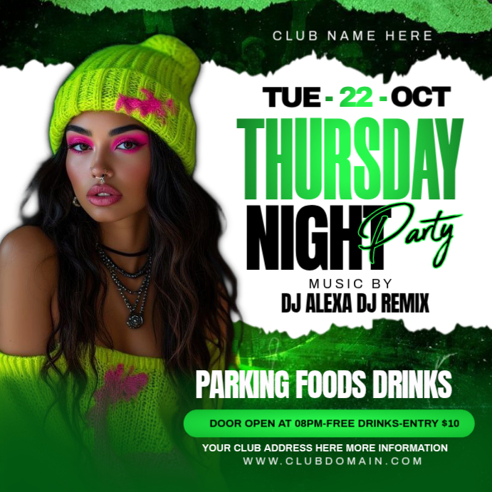 Green Neon Thursday Nightclub Party Instagram Post Template | PosterMyWall