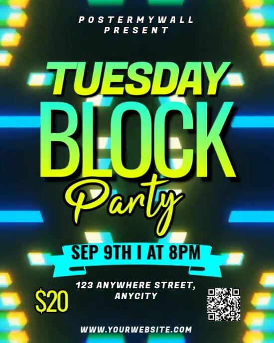 Green Neon Tuesday Block Party Instagram Portrait Template | PosterMyWall
