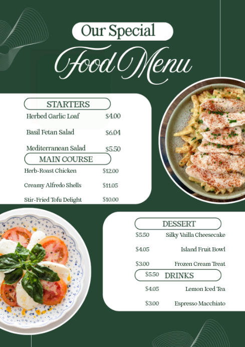 Green Professional Food Menu A4-Vorlage | PosterMyWall