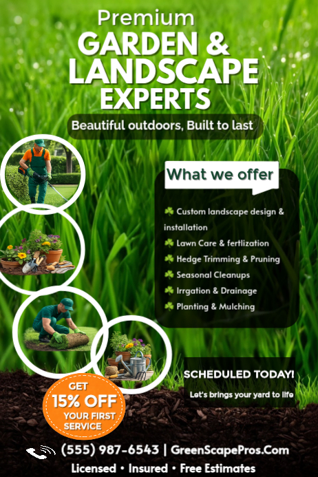 Green professional garden and landscape services poster Template ...