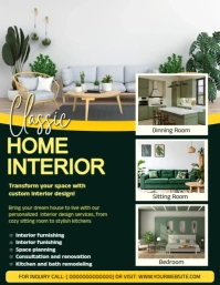 Green Modern Home Interior Design Flyer Template – Living Room, Kitchen & Bedroom Ideas