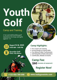 Green Professional Youth Golf Camp Training Flyer Template A6