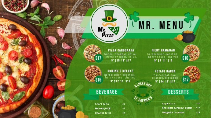 Green St Patty's Day Pizza Menu Ekran reklamowy (16:9) template