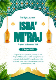 Green White Gold Illustrative Modern 3D Isra Mi'raj 1446 Poster A2 template