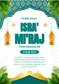 Green White Gold Illustrative Modern 3D Isra Mi'raj 1446 Poster A2 template