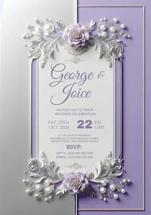 Grey, Purple, Lilac And Silver Floral Wedding A4 template