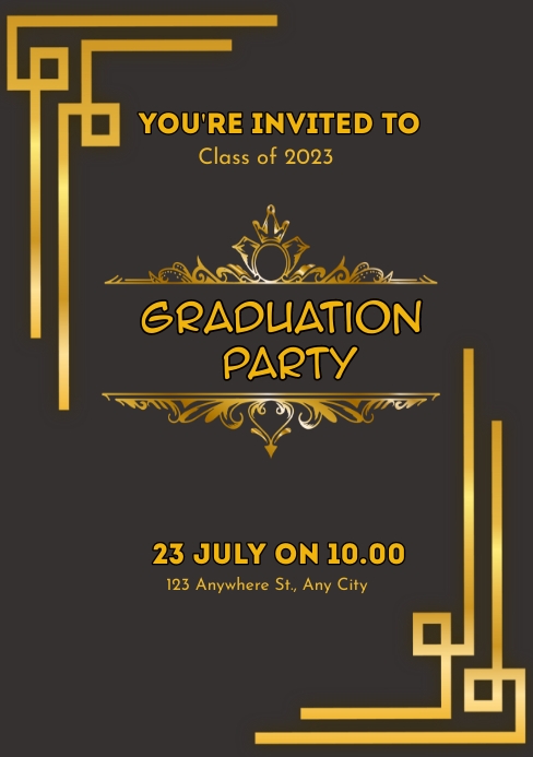 grey and Gold Bordered Graduation Party Invi Template | PosterMyWall