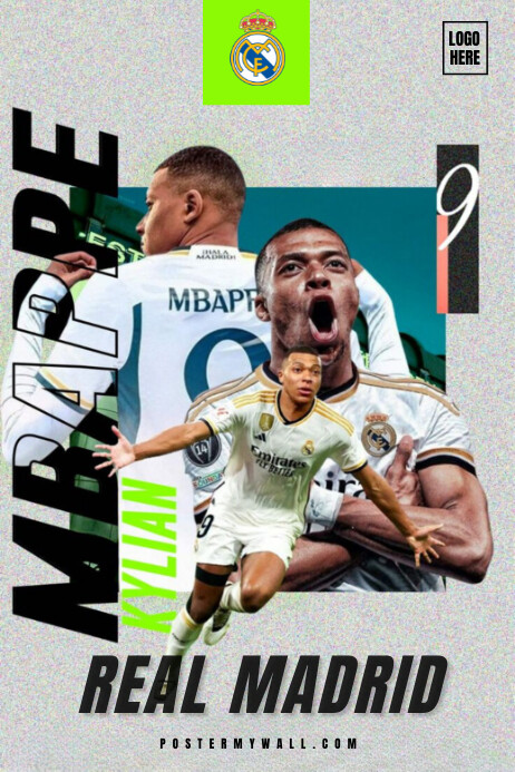 Grey Grunge Kylian Mbappe Real Madrid Poster template