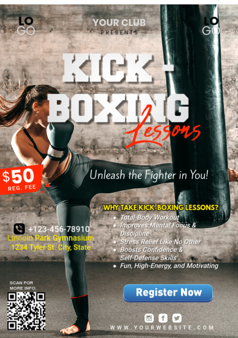 Grey Joyful Kickboxing Lessons A4 Template | PosterMyWall