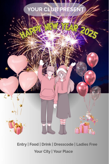 Grey Joyful Poster Anime Happy New Year 2025  Poster โปสเตอร์ template