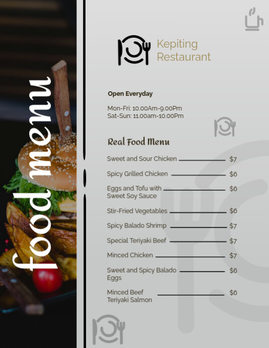 Grey List-based Food Menu Template - Gray & Black | Minimalist Design Flyer (us Letter)