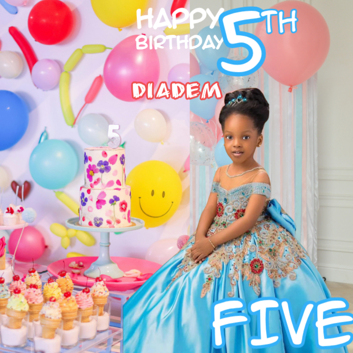 Grey Maximalist Happy 5th Birthday Darling Princess  Instagram Post template