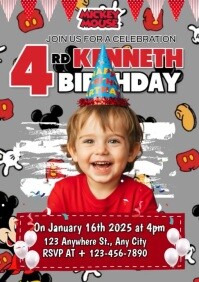 Grey Maximalist Mickey Mouse Birthday Invitation A4 template