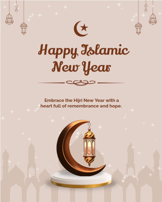 Grey Modern & Minimal Beige And Brown Illustrated Islamic New Year Greetings Instagram Post Instagra template
