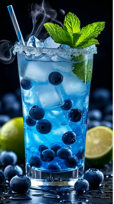 Grey Modern & Minimal Refreshing Blueberry Cocktail With Ice And Mint Background Digital Display (9: template