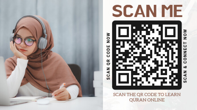 Grey Modern & Minimal Scan Qr Code To Learn Quran Online Digital Display (16:9) template