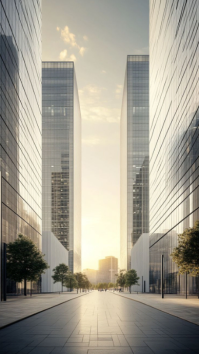 Grey Modern & Minimal Urban Architecture Digital Display. Modern City Street Between Glass Skyscrape template