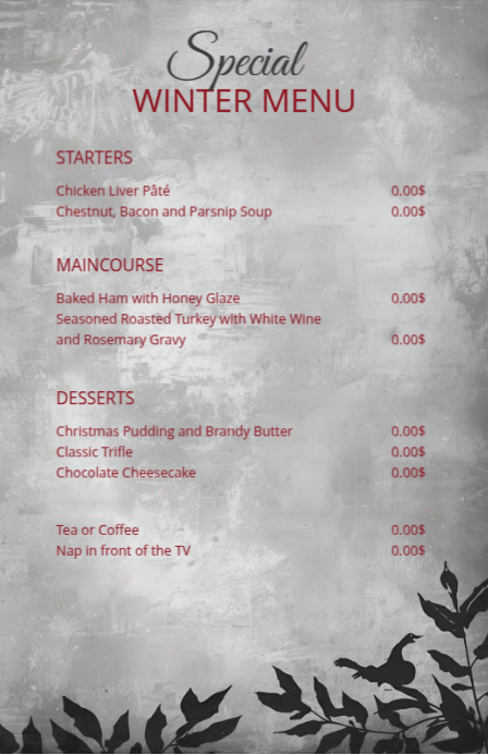 Grey Modern & Minimal Winter Menu Card Template Tabloid | PosterMyWall