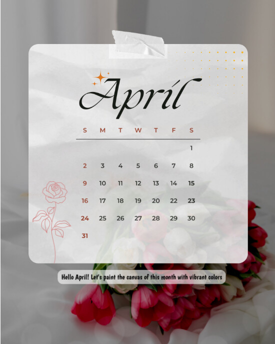Grey Modern & Minimal April Calender flower Instagram Portrait template