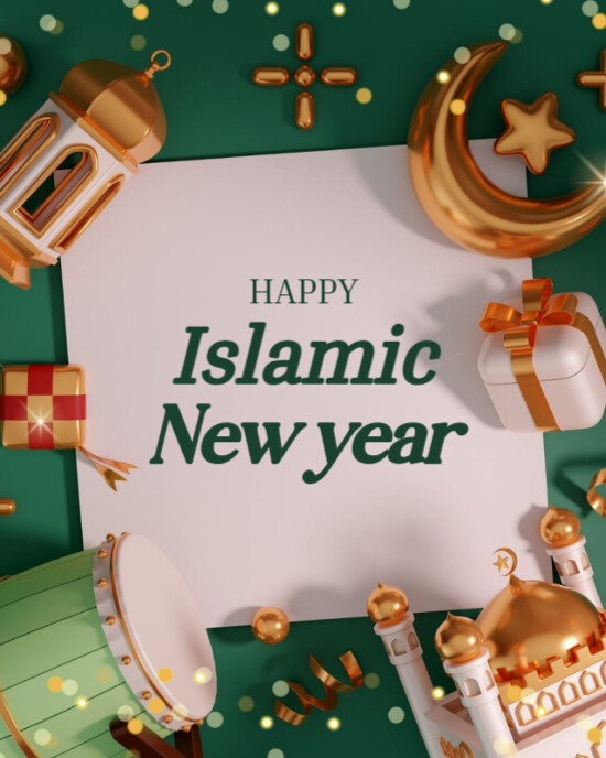 Grey Modern & Minimal Green And Gold Illustrated Islamic New Year Instagram Post Instagram Portrait template