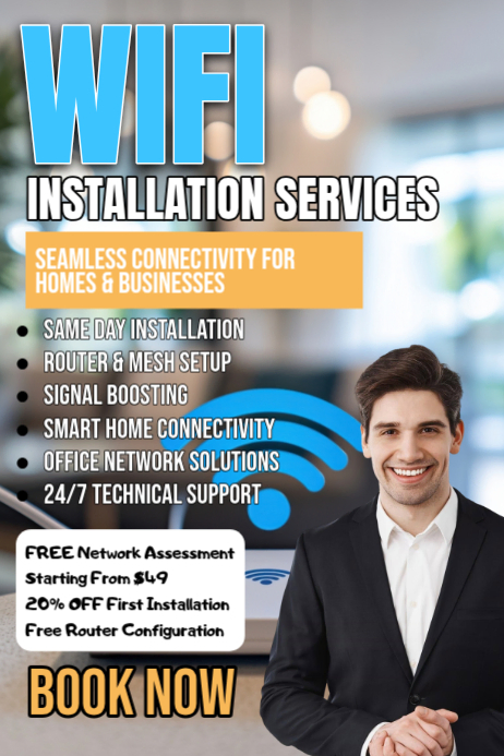 Grey professional wifi installation services poster Template | PosterMyWall
