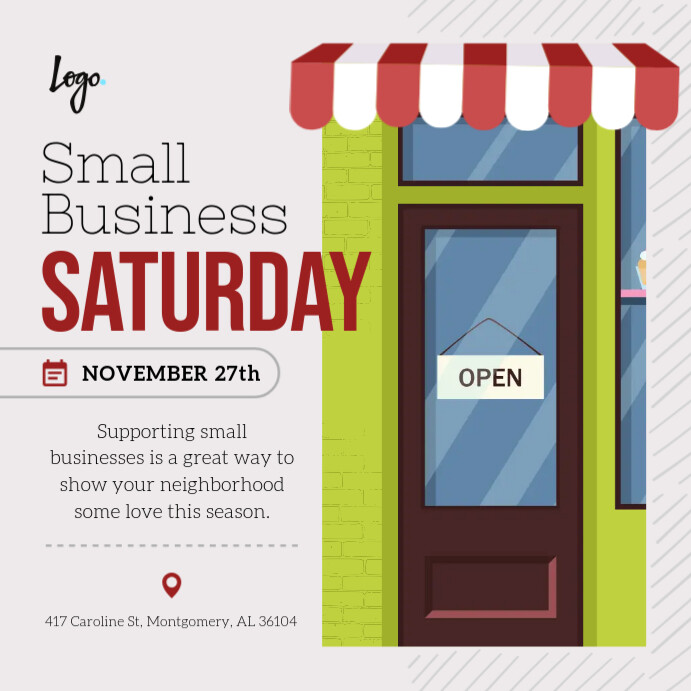 Grey Small Business Saturday promotional design with storefront illustration and November date