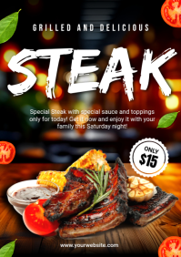 Grilled Steak Food Promotion Poster with Dark Elegant Background A4 template