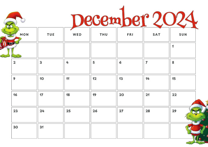 Grinch December 2024 Calendar A4 template